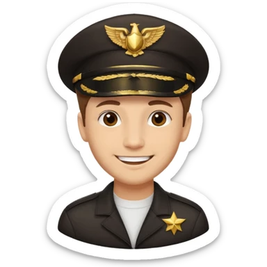 A light-skinned man with short brown hair, brown eyes, and a cheerful smile, wearing a dark pilot cap with a gold emblem. sticker