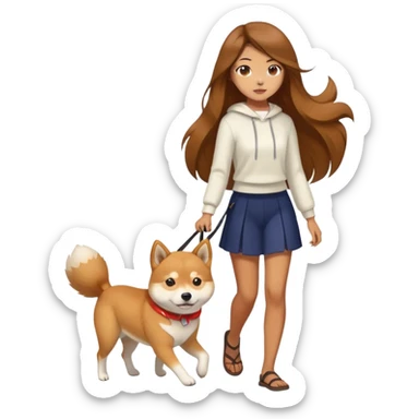 A girl with long brown hair walking a Shiba Inu sticker