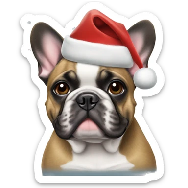 Brindle french bulldog wearing a Christmas hat sticker
