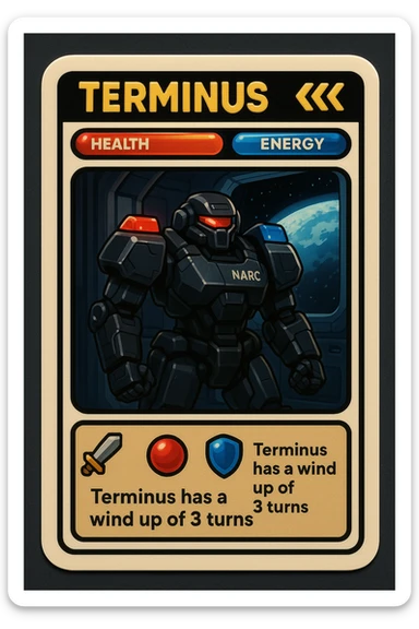 full playing card design in retro sticker style featuring a black armored sci-fi robot with red and blue shoulder lights labeled NARC standing in a space station with a window showing Earth, card layout includes a black name bar at the top with the name TERMINUS and three chevrons, health and energy bars, a stats panel at the bottom with a sword icon, red orb icon, blue shield icon, and a text area that says 'Terminus has a wind up of 3 turns', all elements in retro sticker style sticker