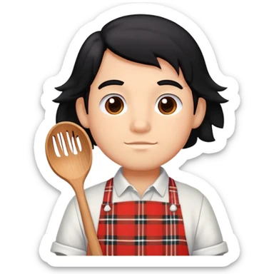 big boy with black hair all up, wearing a white and red plaid apron sticker