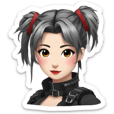 Gorgeous techwear anime style lady with blushing face aesthetic and pretty edgy black red punk messy ponytail with collar and harness trending style sticker