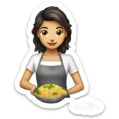 petite girl dark hair cooking risotto with norwich terrier sticker