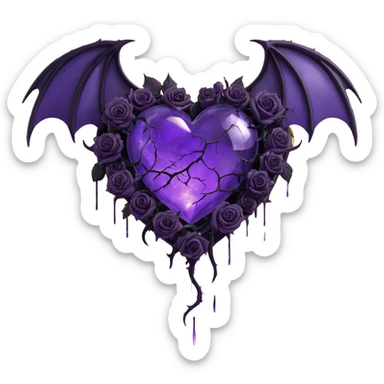 gothic heart made of purple glass with crescent moon with bat wings, black roses entwined with thorns, glowing lightning, pouring rain, shattered cracked glass texture sticker