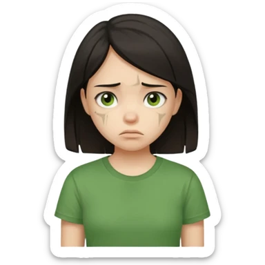 Young girl with straight, dark hair, damaged and unattractive, wearing a green T-shirt, looking sad sticker