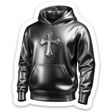 hoodie with a chrome cross emblem on the chest, 3D metallic look, simple background sticker