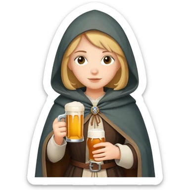young female medieval pilgrim with cloak and beer bottle sticker