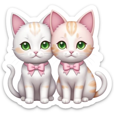 Two cute anime cats, the first cat is white with green eyes, the second is light pink with brown eyes and a bow on his head, high quality, a masterpiece sticker