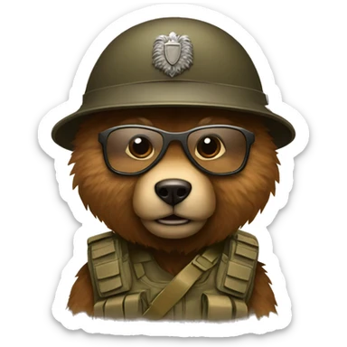 A brown furry bear as a soldier with a helmet and glasses sticker