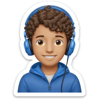A boy with curly hair and tan skin and a happy face with blue headphones  sticker