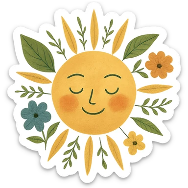 yellow face with sun rays, nature theme, digital illustration sticker