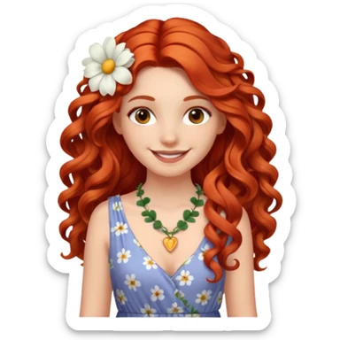 smiling white girl with long curly red hair, maxi dress, flower necklace sticker