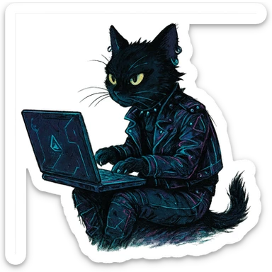  [[[it's a black cat typing at a laptop]]], , punk gothic style, futuristic cyberwave cyberpunk, sitting position
 sticker