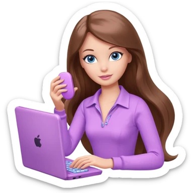 beautiful barbie girl with long brown hair, blue eyes and wearing light purple clothes playing computer games sticker