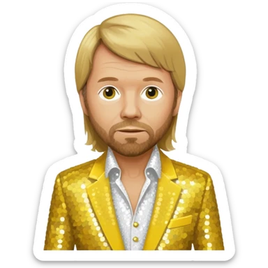 Björn Ulvaeus from ABBA with long dark blonde hair, yellow sequin shirt, white sequin suit jacket sticker