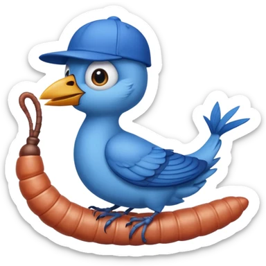 a bird jay wearing a lid, standing on a worm sticker