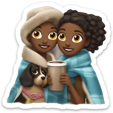 Two Black girls with blankets and hot chocolate with Ugg shoes on and a dog sticker