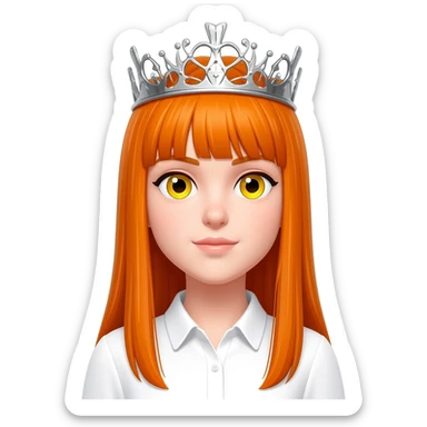 White girl with orange long straight hair and yellow eyes with a crown on her head and a white shirt on sticker