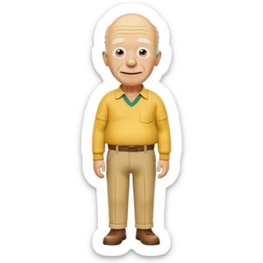 A 3D cartoon elderly man entirely yellow, styled like Grandpa Simpson, bald head with few hair strands, wrinkled face, yellow shirt and trousers, kind smile, cinematic Memoji-style render matching other Simpsons characters. sticker