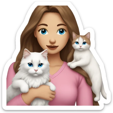 woman with long brown hair and pink shirt and holding a all white Siberian cat with blue eyes sticker