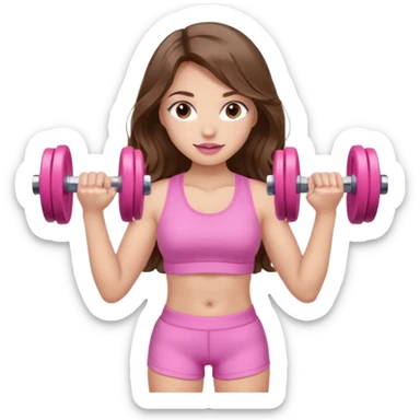 girl with wavy long brown hair, brown eyes, light to medium complexion, long lashes, light pink lipstick, wearing light pink shirt, lifting a pink dumbbells in a shorts top sticker