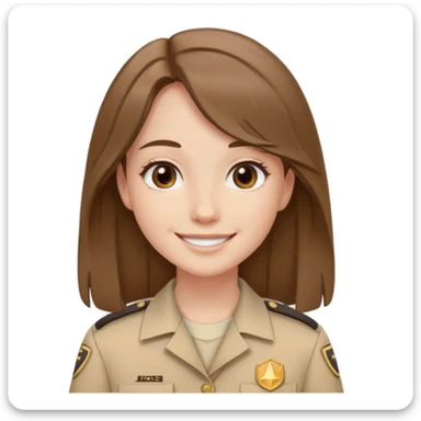 chica con pelo marron liso medio ondulado con uniforme color beige y sonriendo sticker