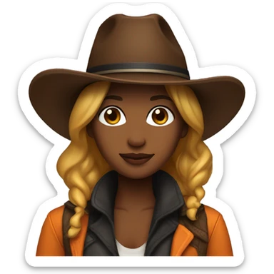 cowgirl straight dark brown golden skin, orange burnt coat, black hat sticker