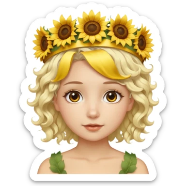 ["Fair skin female, short platinum-blonde curly hair, wearing a yellow sunflower crown."] sticker