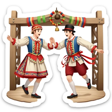 Cinematic Realistic scene of two performers executing a Morris Dance in full traditional costume—with bells, ribbons, and clogs—captured in dynamic motion against a rustic English backdrop and warm, golden lighting sticker