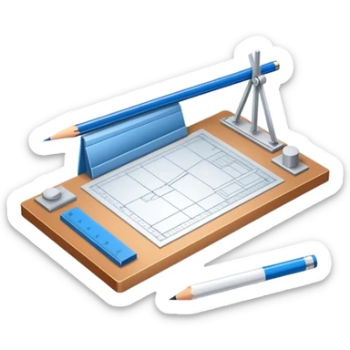 Sleek icon for Architecture: engineer's drawing board with blueprints 3D model of building,  pencil, architect's rulers and protractor. Transparent background. sticker