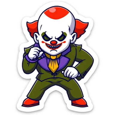 evil clown warrior, bald, small black horns on forehead, fangs, pointed ears, eye patch over one eye, long coat over black and military green leisure suit with bellbottom pants, tail, realistically proportioned, less bulky, full body visible, battle-ready fighting posture sticker