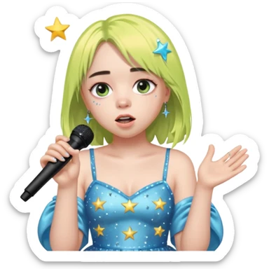 bille elish is singing, 2 hands holding mirco and twinkle dresss sticker