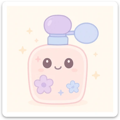 a lovely perfume bottle with a feminine, elegant design, soft pastel colors, delicate details, and a subtle floral motif, evoking a sense of charm and grace, suitable for a girl sticker