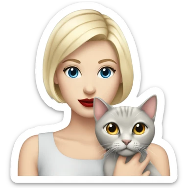 blonde girl with short hair blue eyes long eylashes and red lipstick holding a grey cat sticker