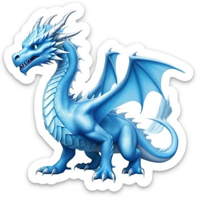 Cinematic Noble wise elegant Ice Dragon full body  Emoji, Poised and imposing, distinct long elegant snout, with a slender, scaled body shimmering in glacial hues of icy blue, frostbitten silver, and crystalline white, breathing out frost, with piercing, glowing ice blue white eyes that radiate the chilling depths of an arctic storm; rendered in detail. excuding wisdom sticker