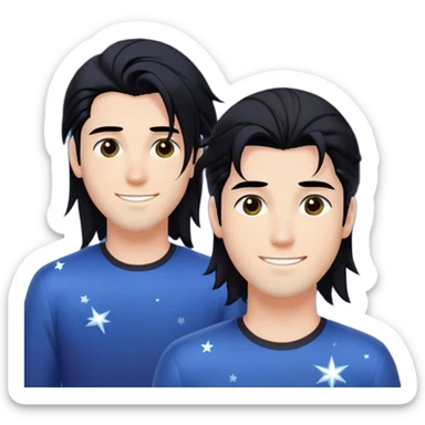 A young man with a long hairstyle with two hairstyles facing forward, one to the right, and the other to the left, black, white skin, and shooting stars with a closed, handsome smile, without a beard or hair, 100%. sticker