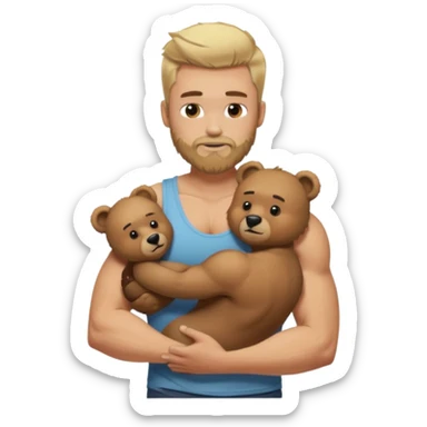 Blonde guy with ￼ faded size and long on top hair with a beard in a tank top muscular hugging a bear sticker