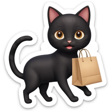 A cute black cat emoji in Apple-style, shown in side view like 🏃, running on four legs with a shopping bag in its mouth. Smooth gradients, soft shading, rounded features, and cheerful mood. sticker