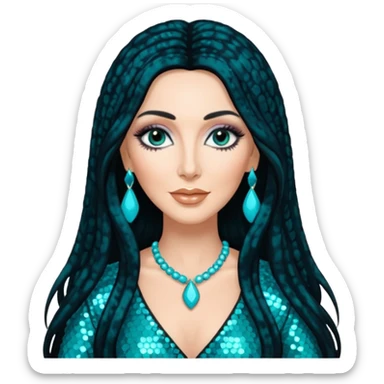 Cher, Goddess of Pop from Famous People with long jet black hair, turquoise sequin outfit sticker