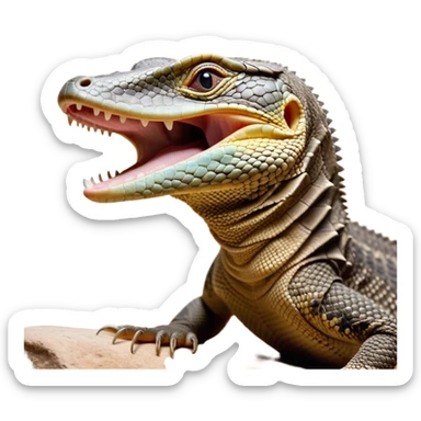 Cinematic Realistic Cute Yawning Monitor Lizard Portrait Emoji, Head tilted slightly with a dramatic, wide-open yawn, showcasing a soft, textured scaled hide with subtly drooping features and half-closed, drowsy eyes, rendered with meticulous natural detail and warm shadows, high shine, relaxed yet expressive, styled with a dash of desert charm, soft glowing outline, capturing the essence of a sleepy yet affectionate monitor lizard that appears ready to stretch out for a restful nap! sticker