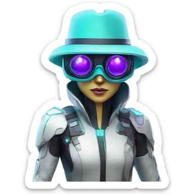 Secret humanoid agent in a futuristic hat with in Apple VR goggles headset code display on the goggles , cyberpunk, cyan and purple colors, only upper body portrait, front facing the camera  sticker