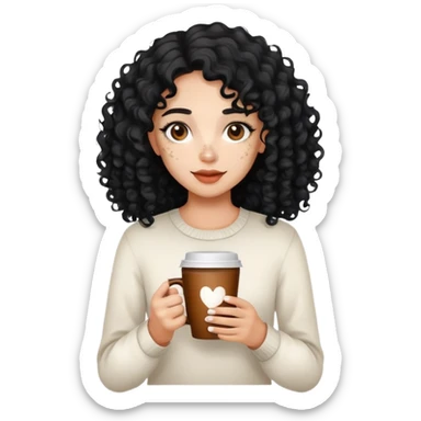 Cute girl with black curly hair and vitiligo and holding a cup of coffee sticker