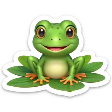 A cute 3D cartoon frog sitting on a lily pad, bright green skin, big friendly eyes, smiling face, soft natural lighting, Memoji-style rendering. sticker