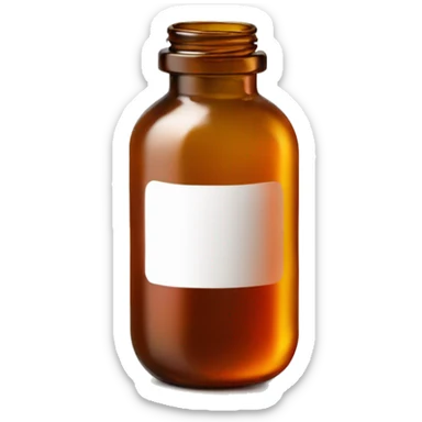 Singular Amber colored pill bottle with a plain white label filled halfway with liquid sticker