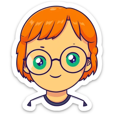 orange-haired shy nerd girl with round glasses and green eyes sticker
