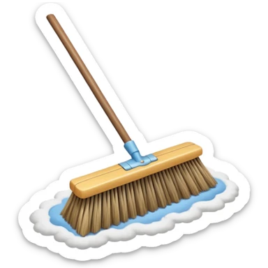 traditional broom with wooden handle on a dusty carpet, straw bristles sweeping visible dust clouds, old-fashioned cleaning tool, vintage household style, 3D cartoon, mobile game icon style, centered composition, no people, no animals, no text, no watermark sticker
