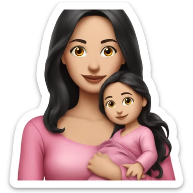 Beautiful Russian lady very long black hair pink clothes holding baby  sticker