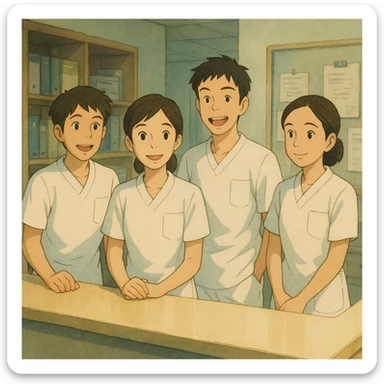 Scene of four nursing students inspired by new photos, in a care station, Ghibli style, white short-sleeve medical uniforms with V-neck and left chest pocket, no accessories, team atmosphere. sticker