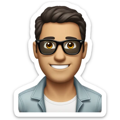 a guy with short dark hair, thick brow, grinning, with rayban wayfarer sticker