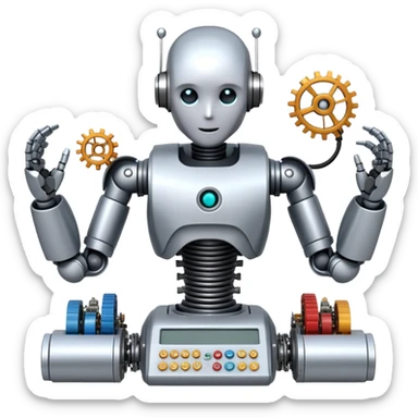 An icon featuring a humanoid robot assembling parts with robotic arms, surrounded by gears, circuit boards, and sensors, symbolizing robotics. The design includes a control panel and AI interface, representing automation, engineering, and innovation. Transparent background. sticker